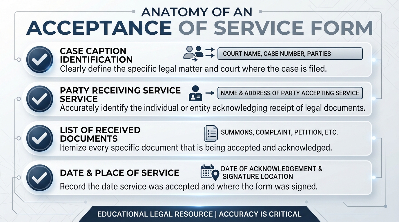 A visual checklist of the key elements required in an acceptance of service form.