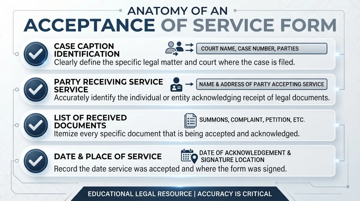 A visual checklist of the key elements required in an acceptance of service form.