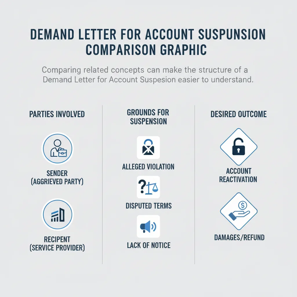 Comparison graphic explaining concepts related to a Demand Letter for Account Suspension.