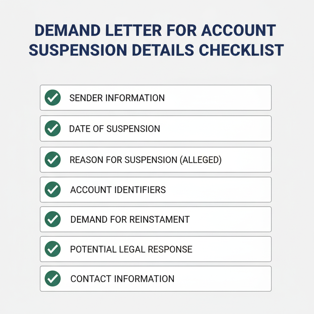 Checklist of details commonly addressed in a Demand Letter for Account Suspension.