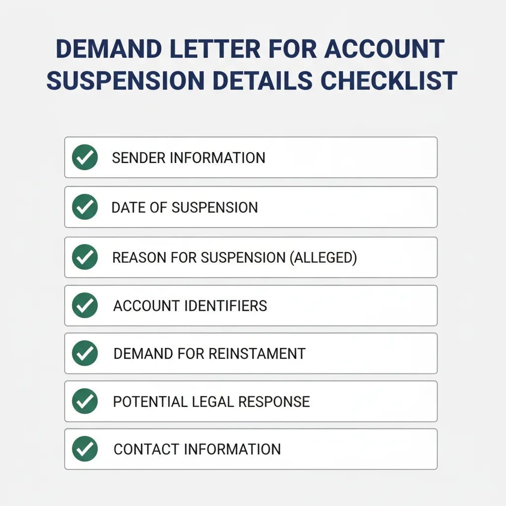 Checklist of details commonly addressed in a Demand Letter for Account Suspension.
