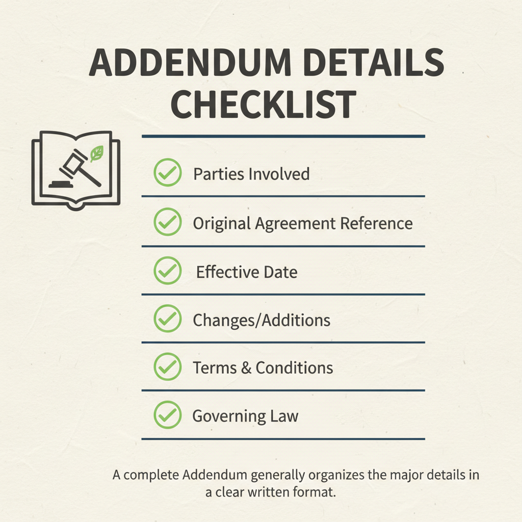 Checklist of details commonly addressed in a Addendum.