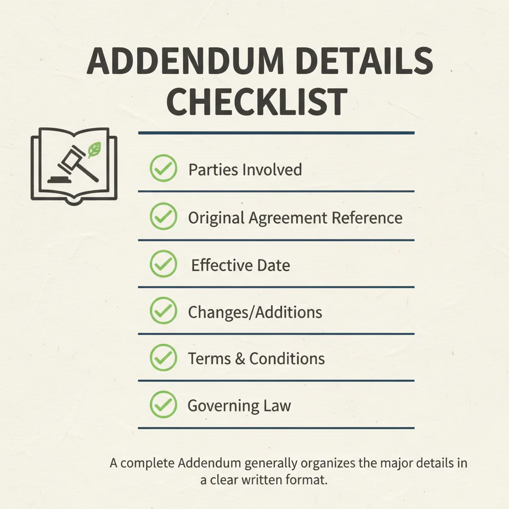 Checklist of details commonly addressed in a Addendum.