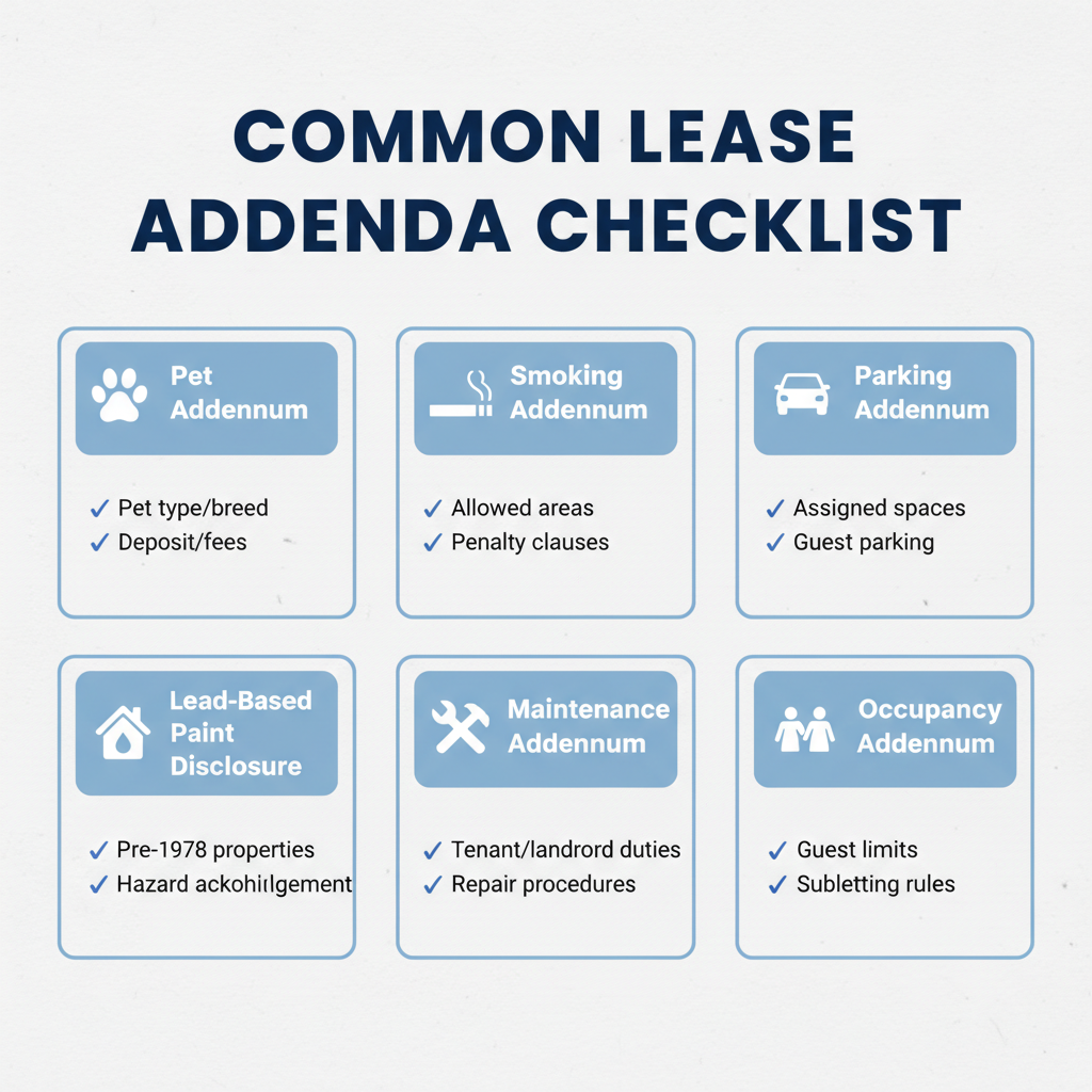 Checklist showing common types of lease addenda, such as pet, smoking, parking, and lead-based paint disclosure.