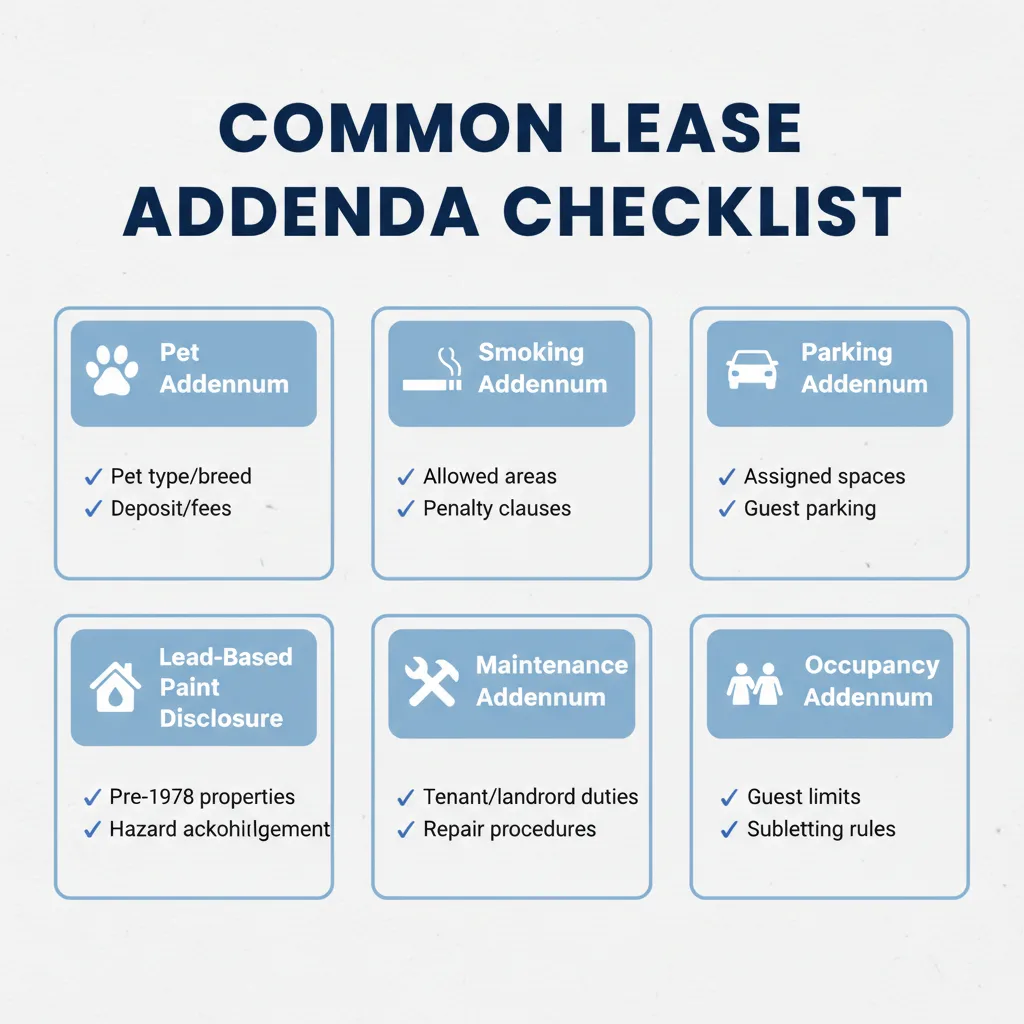 Checklist showing common types of lease addenda, such as pet, smoking, parking, and lead-based paint disclosure.