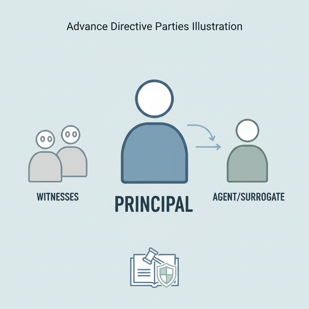 Illustration depicting the principal, agent/surrogate, and witnesses as key parties in an advance directive.