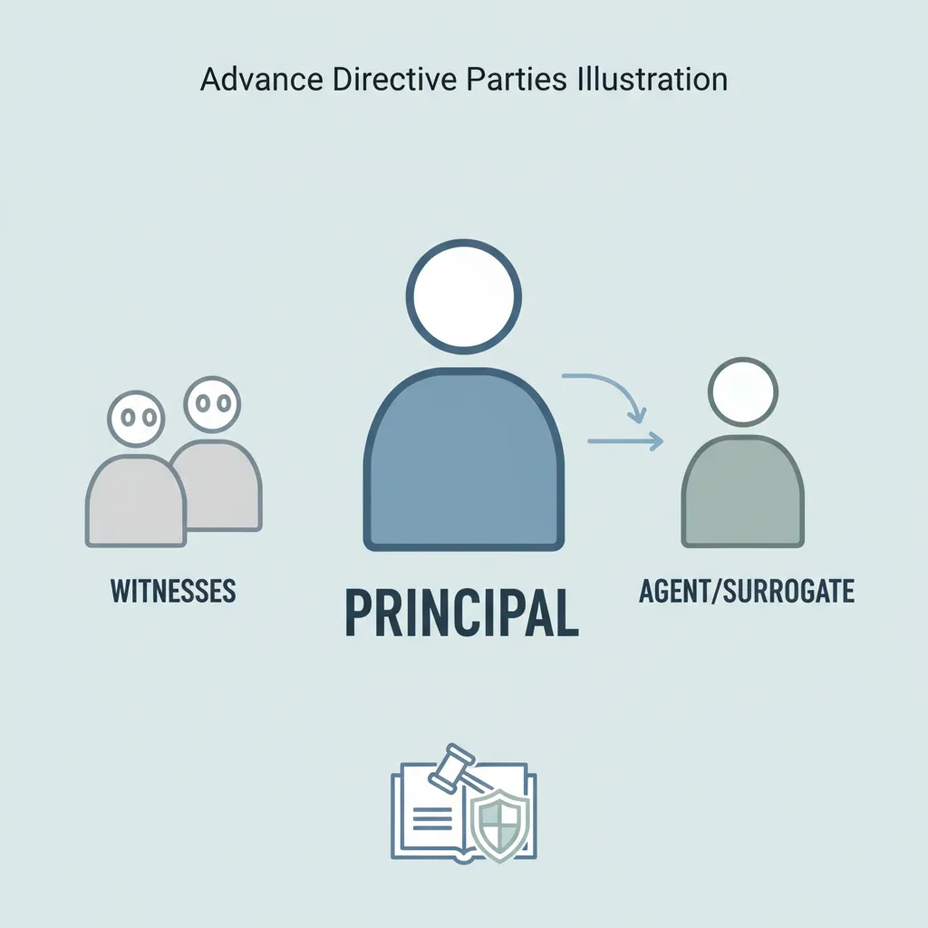 Illustration depicting the principal, agent/surrogate, and witnesses as key parties in an advance directive.