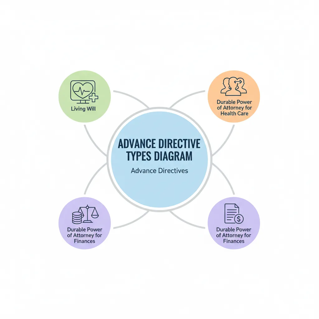 Diagram showing types of advance directives: Living Will, Durable Power of Attorney for Health Care, and Durable Power of Attorney for Finances.