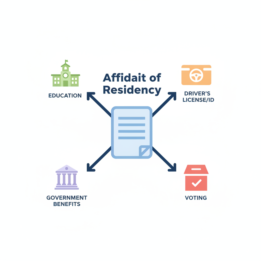 Illustration showing the various applications of an Affidavit of Residency, including education, driver's licenses, government benefits, and voting.