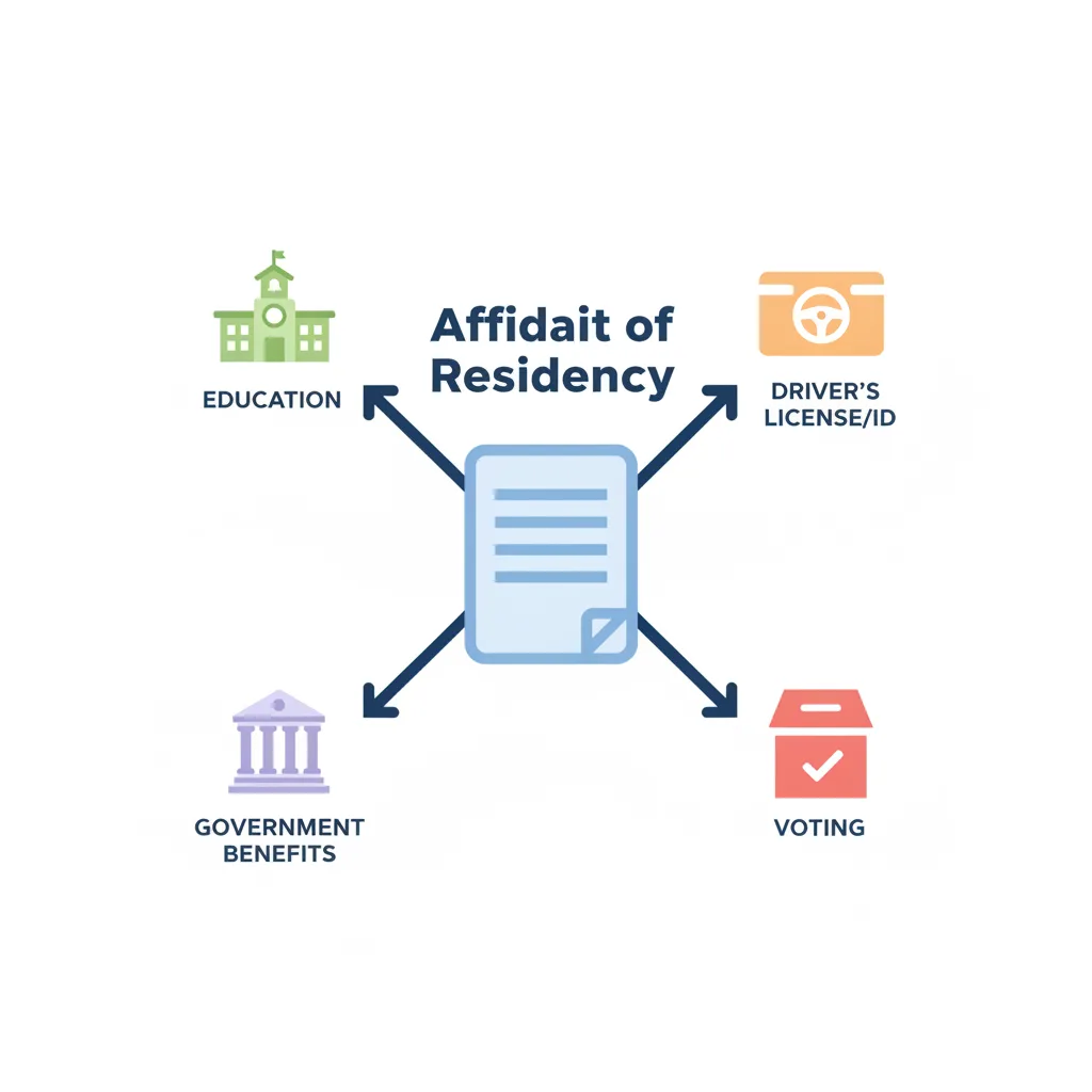 Illustration showing the various applications of an Affidavit of Residency, including education, driver's licenses, government benefits, and voting.