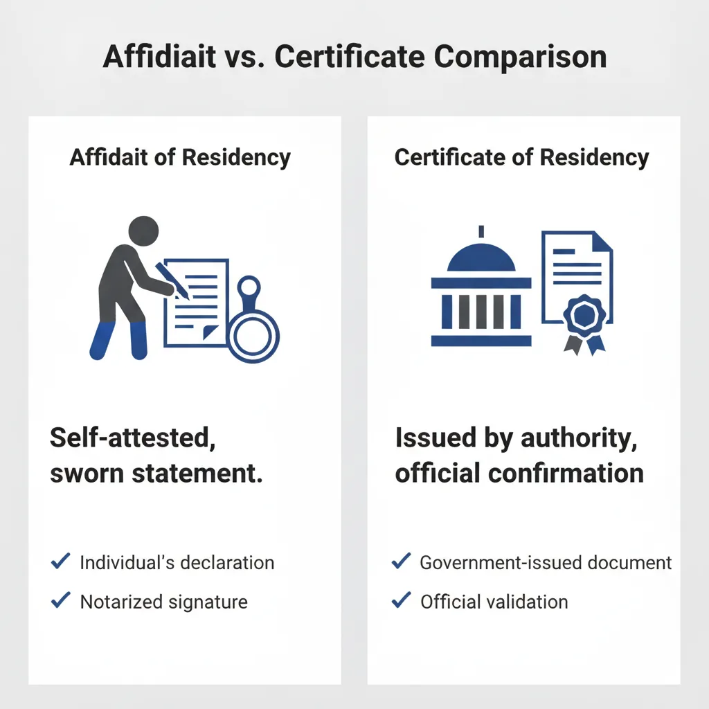 Comparison graphic highlighting the differences between an Affidavit of Residency (self-attested) and a Certificate of Residency (issued by an authority).