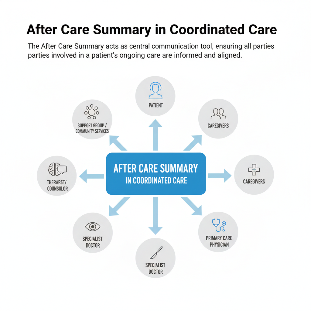 Diagram illustrating how an After Care Summary serves as a central document for coordinating care among patient, caregivers, and various healthcare providers.