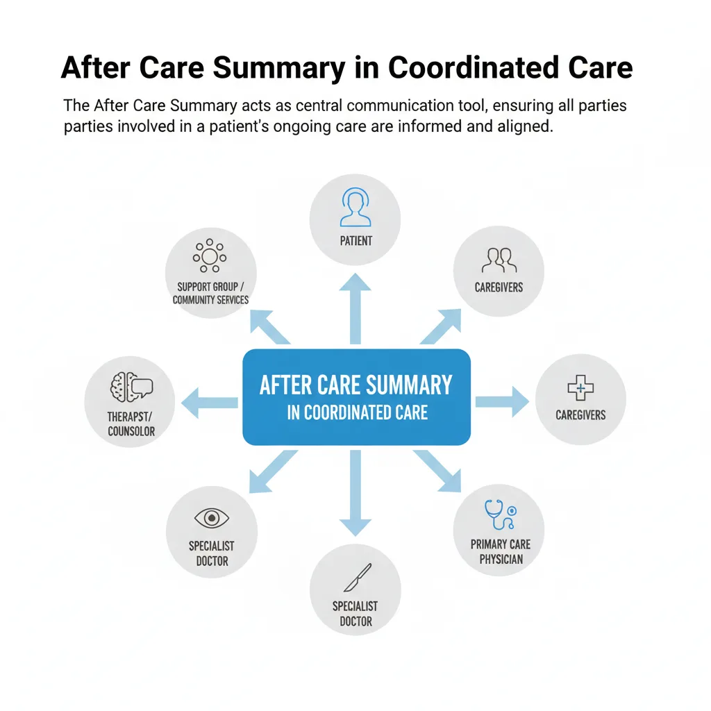 Diagram illustrating how an After Care Summary serves as a central document for coordinating care among patient, caregivers, and various healthcare providers.