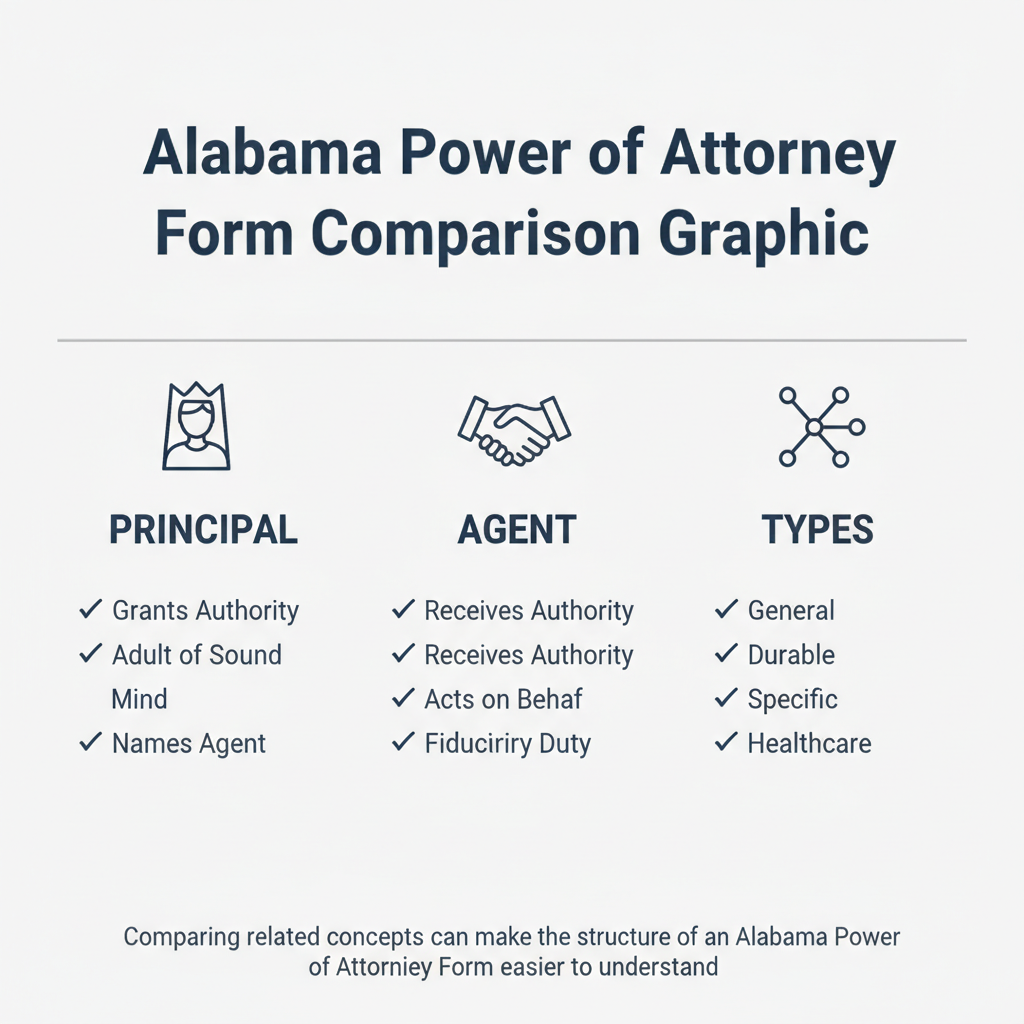 Comparison graphic explaining concepts related to a Alabama Power of Attorney Form.