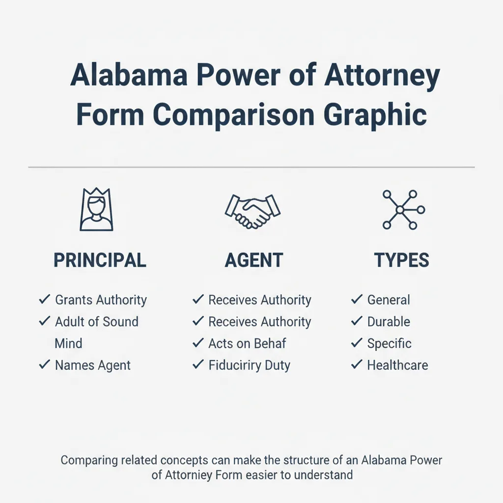 Comparison graphic explaining concepts related to a Alabama Power of Attorney Form.