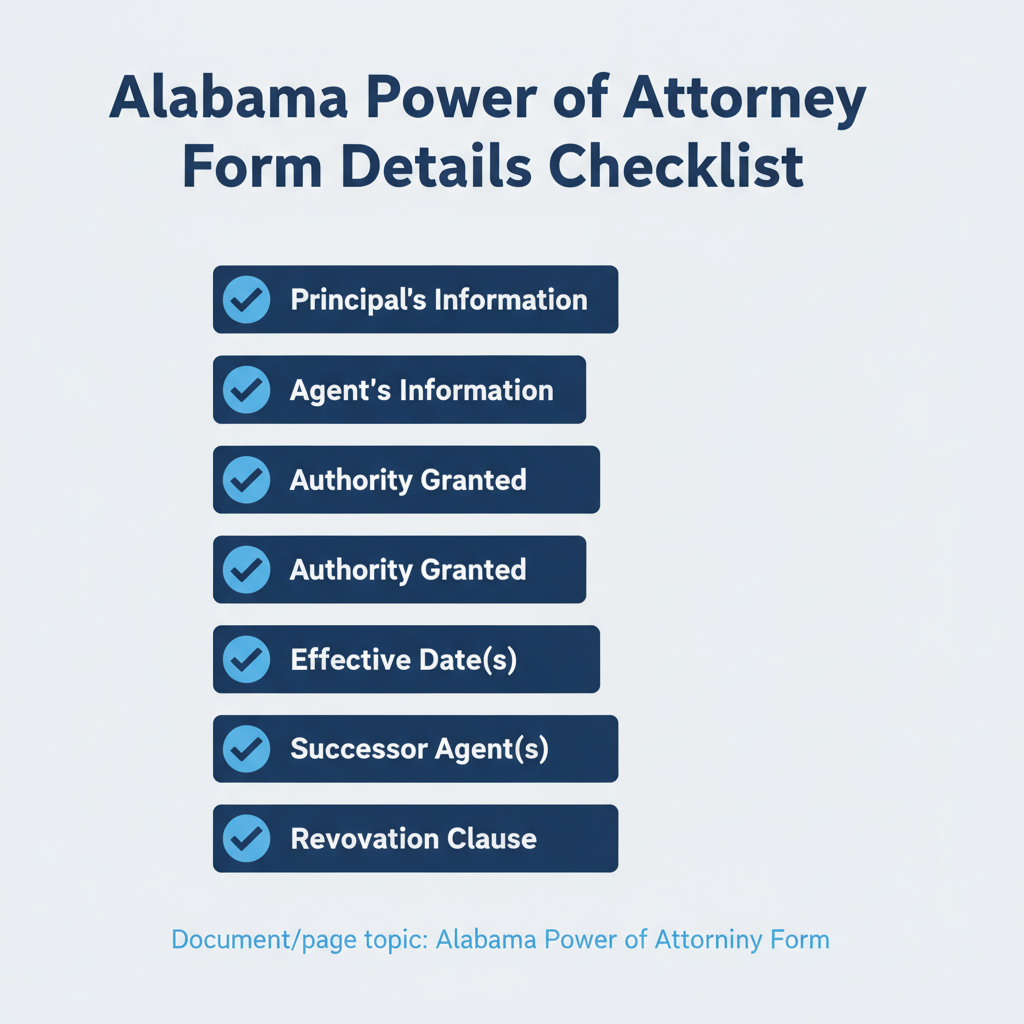 Checklist of details commonly addressed in a Alabama Power of Attorney Form.