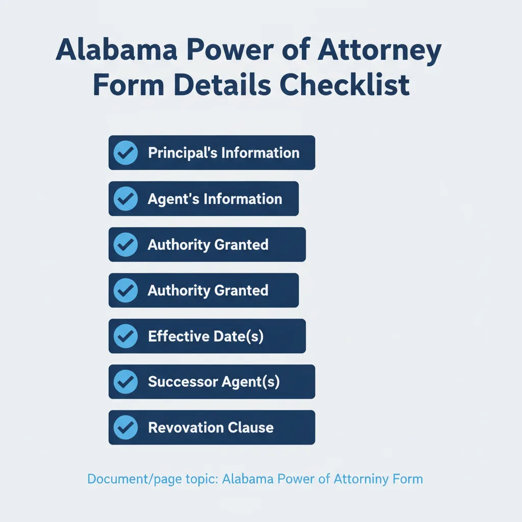 Checklist of details commonly addressed in a Alabama Power of Attorney Form.