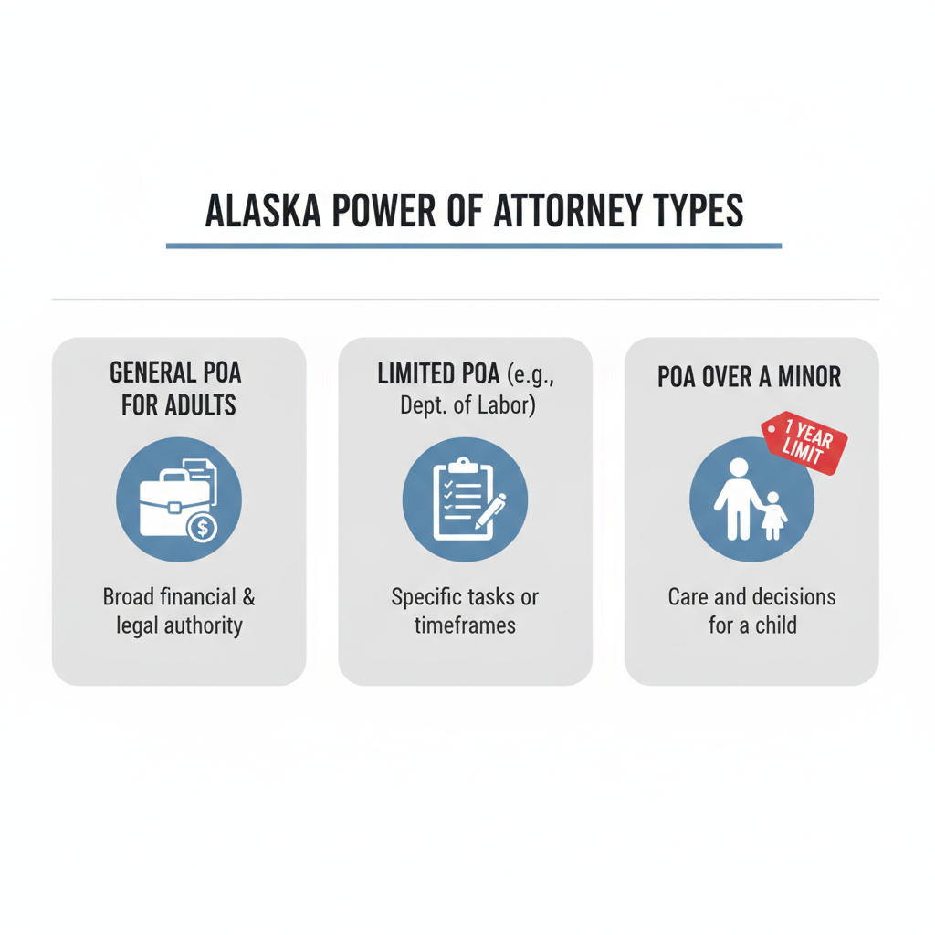 Diagram showing three types of Alaska Power of Attorney: General, Limited, and Over a Minor, with respective icons and brief descriptions.