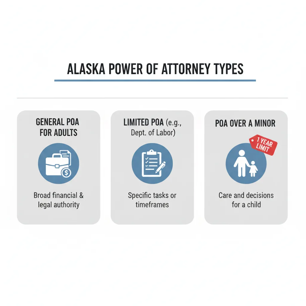 Diagram showing three types of Alaska Power of Attorney: General, Limited, and Over a Minor, with respective icons and brief descriptions.
