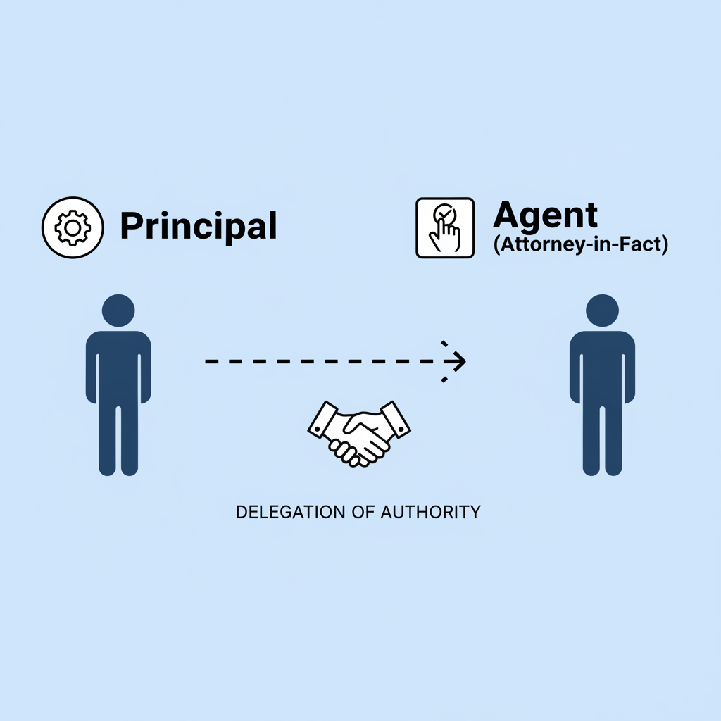 Illustration depicting the roles of a Principal delegating authority to an Agent (Attorney-in-Fact) in a Power of Attorney.