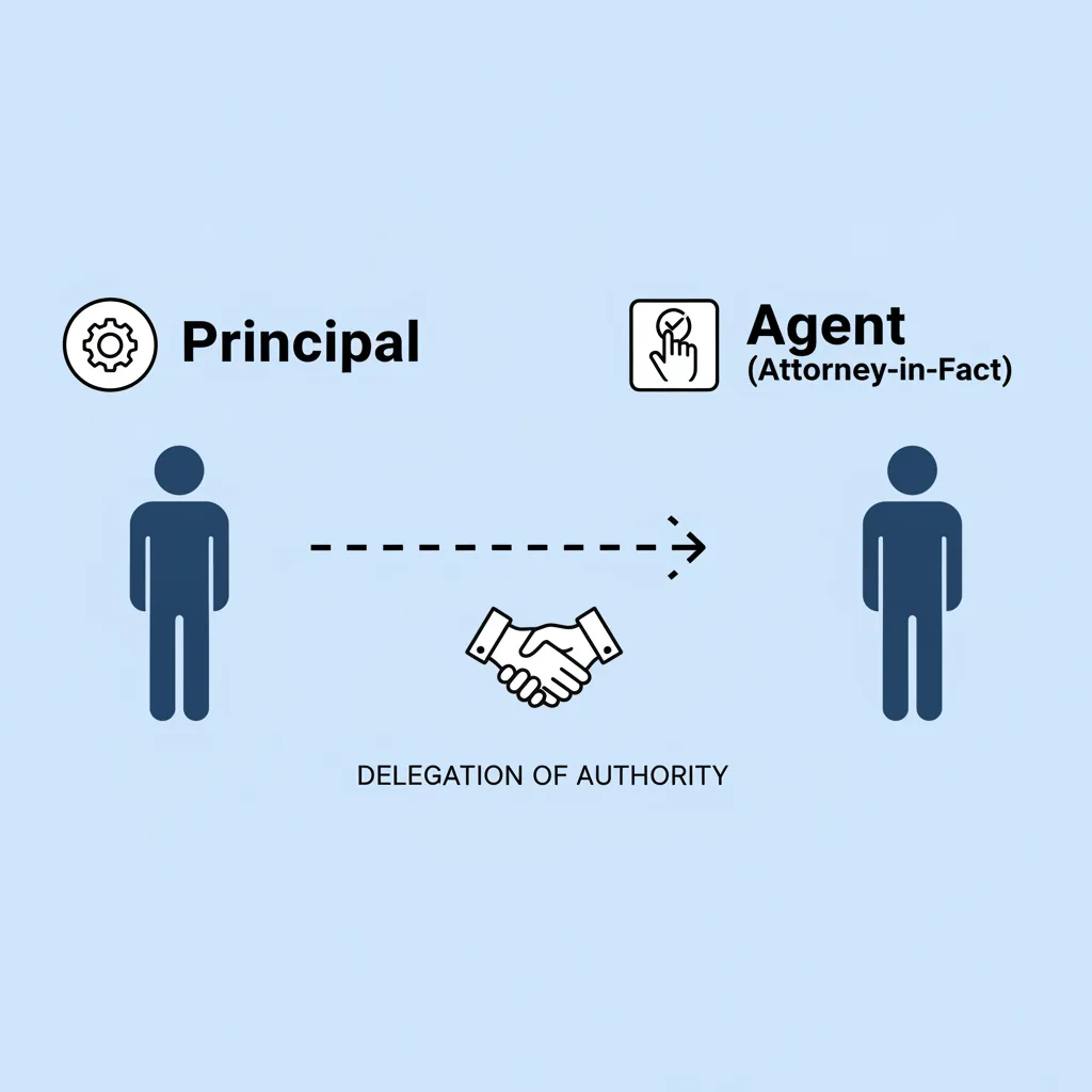 Illustration depicting the roles of a Principal delegating authority to an Agent (Attorney-in-Fact) in a Power of Attorney.