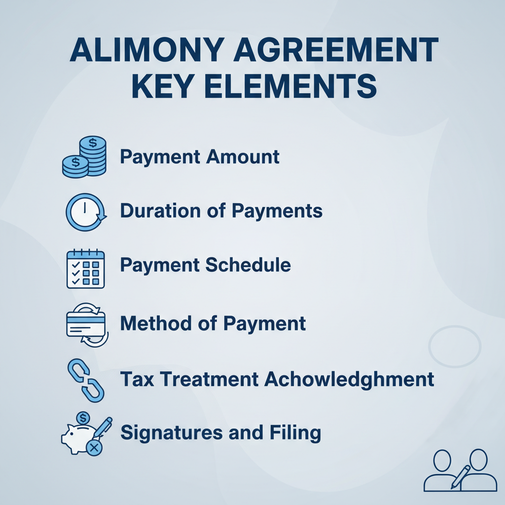 Checklist showing key elements of an alimony agreement, such as payment amount, duration, and tax treatment.