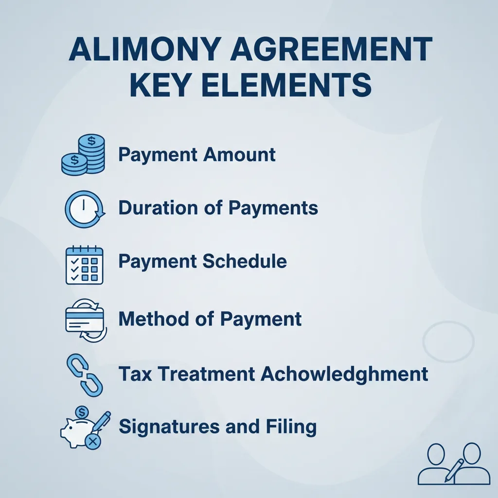 Checklist showing key elements of an alimony agreement, such as payment amount, duration, and tax treatment.