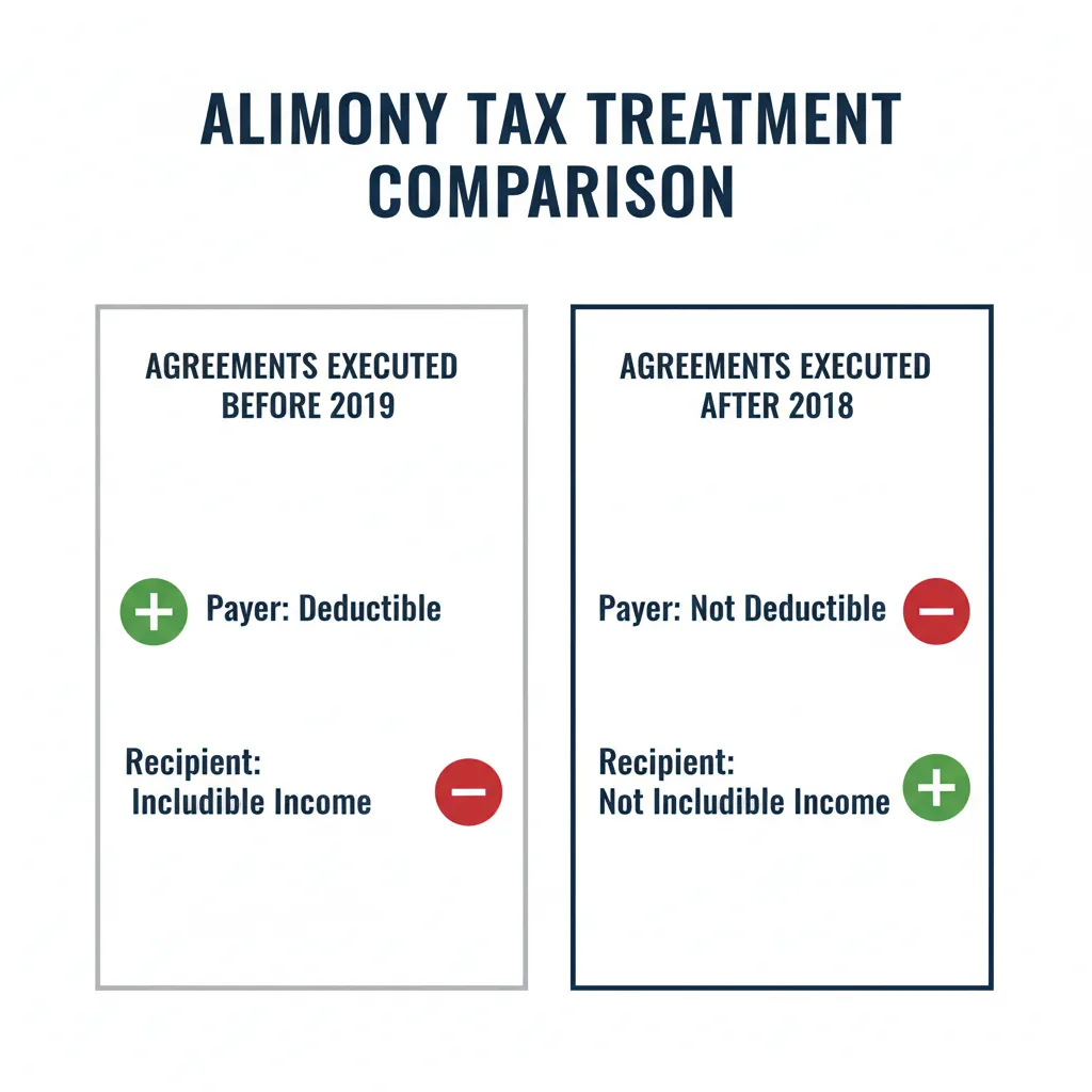 Comparison graphic illustrating the tax treatment of alimony payments before and after 2019.