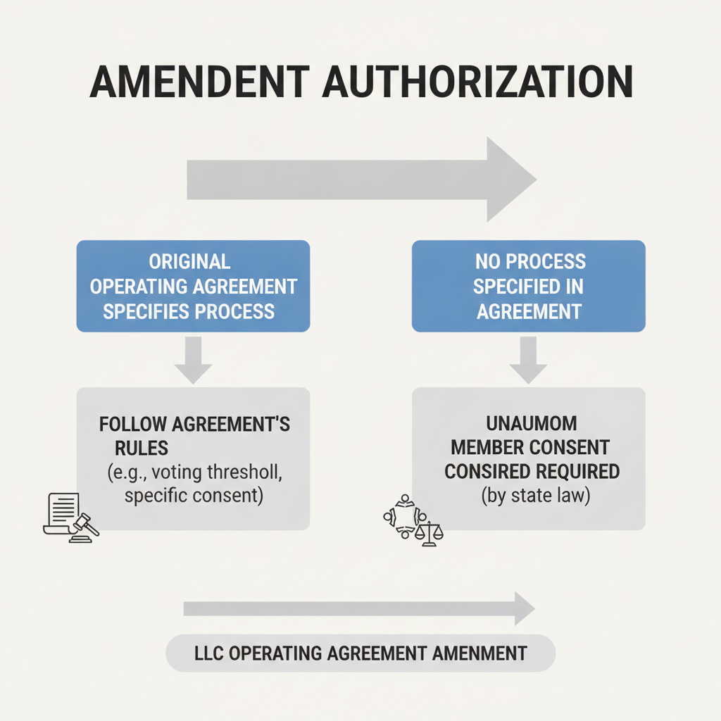 Diagram showing the two paths for LLC operating agreement amendment authorization: following the original agreement's specified process or requiring unanimous member consent if no