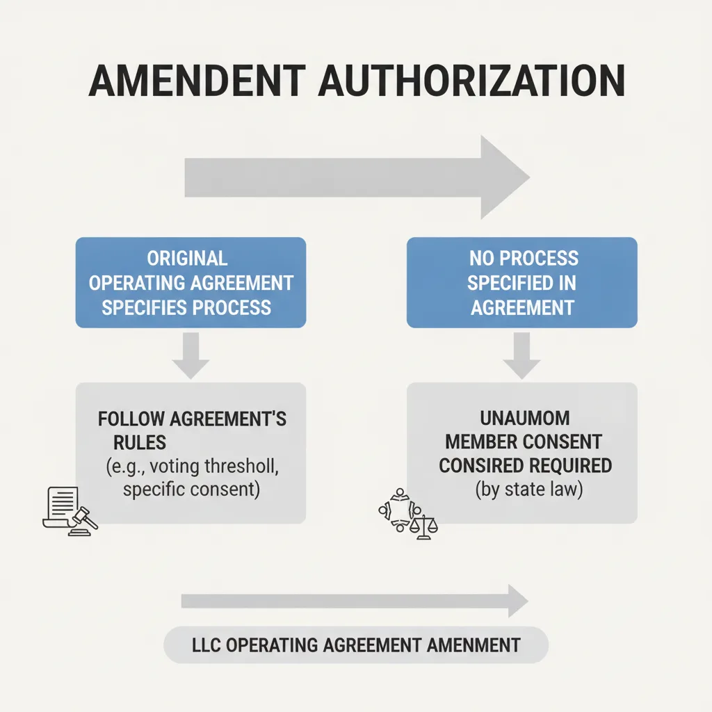 Diagram showing the two paths for LLC operating agreement amendment authorization: following the original agreement's specified process or requiring unanimous member consent if no