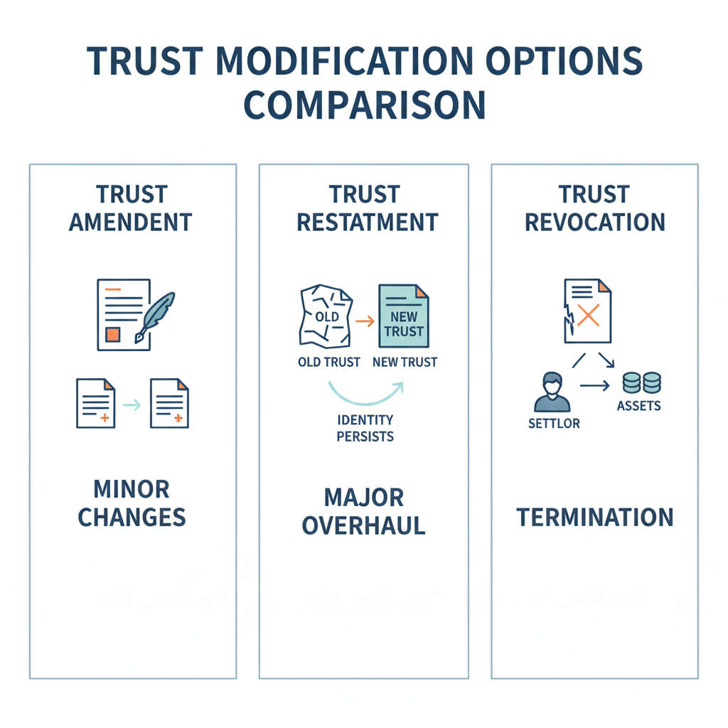 Comparison of Trust Amendment, Trust Restatement, and Trust Revocation.