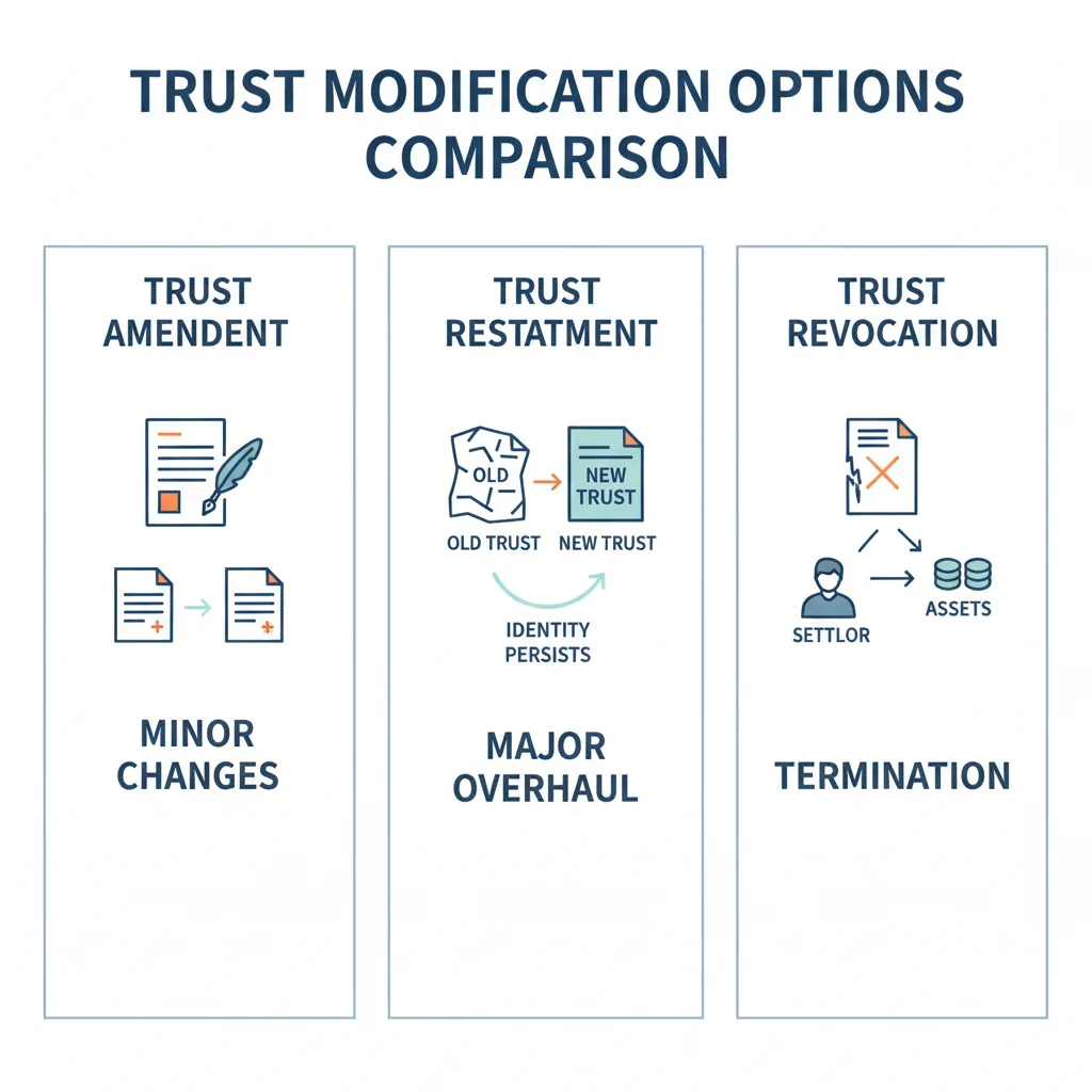 Comparison of Trust Amendment, Trust Restatement, and Trust Revocation.
