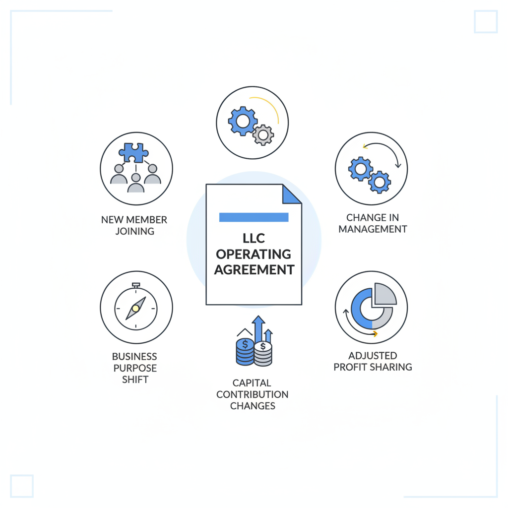 Illustration showing common reasons for amending an LLC operating agreement: new members, management changes, profit sharing adjustments, capital contributions, and shifts in busin