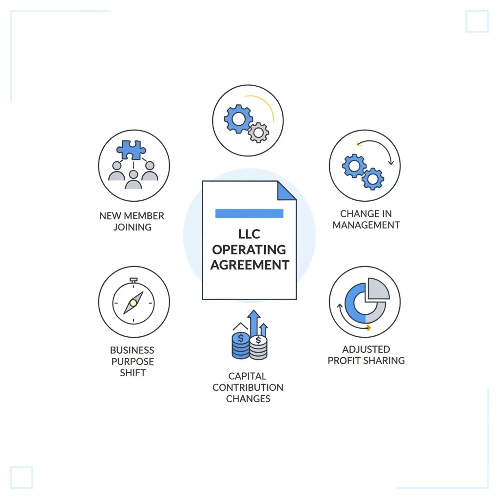 Illustration showing common reasons for amending an LLC operating agreement: new members, management changes, profit sharing adjustments, capital contributions, and shifts in busin