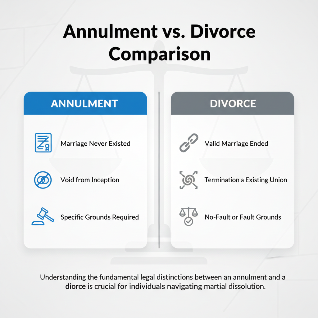 Comparison table highlighting the differences between annulment and divorce, showing annulment as 'marriage never existed' and divorce as 'valid marriage ended'.