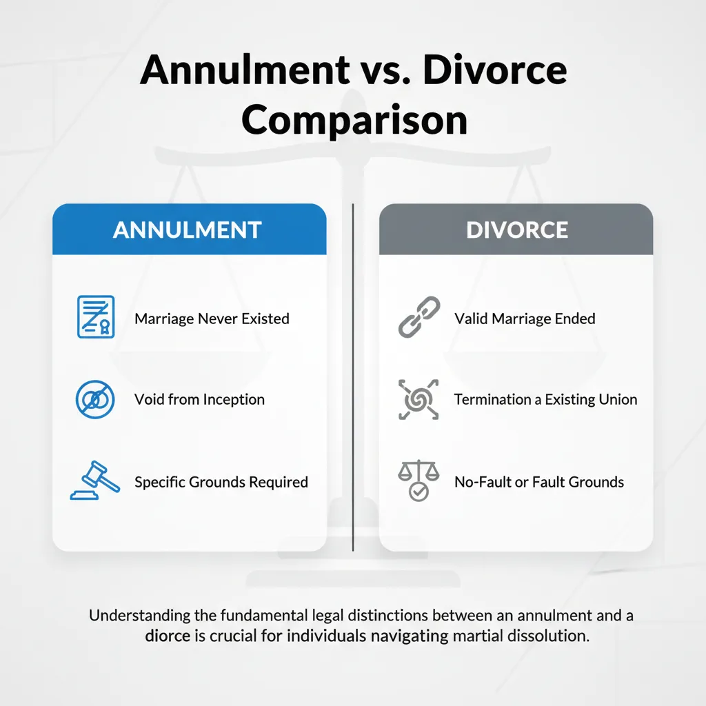 Comparison table highlighting the differences between annulment and divorce, showing annulment as 'marriage never existed' and divorce as 'valid marriage ended'.