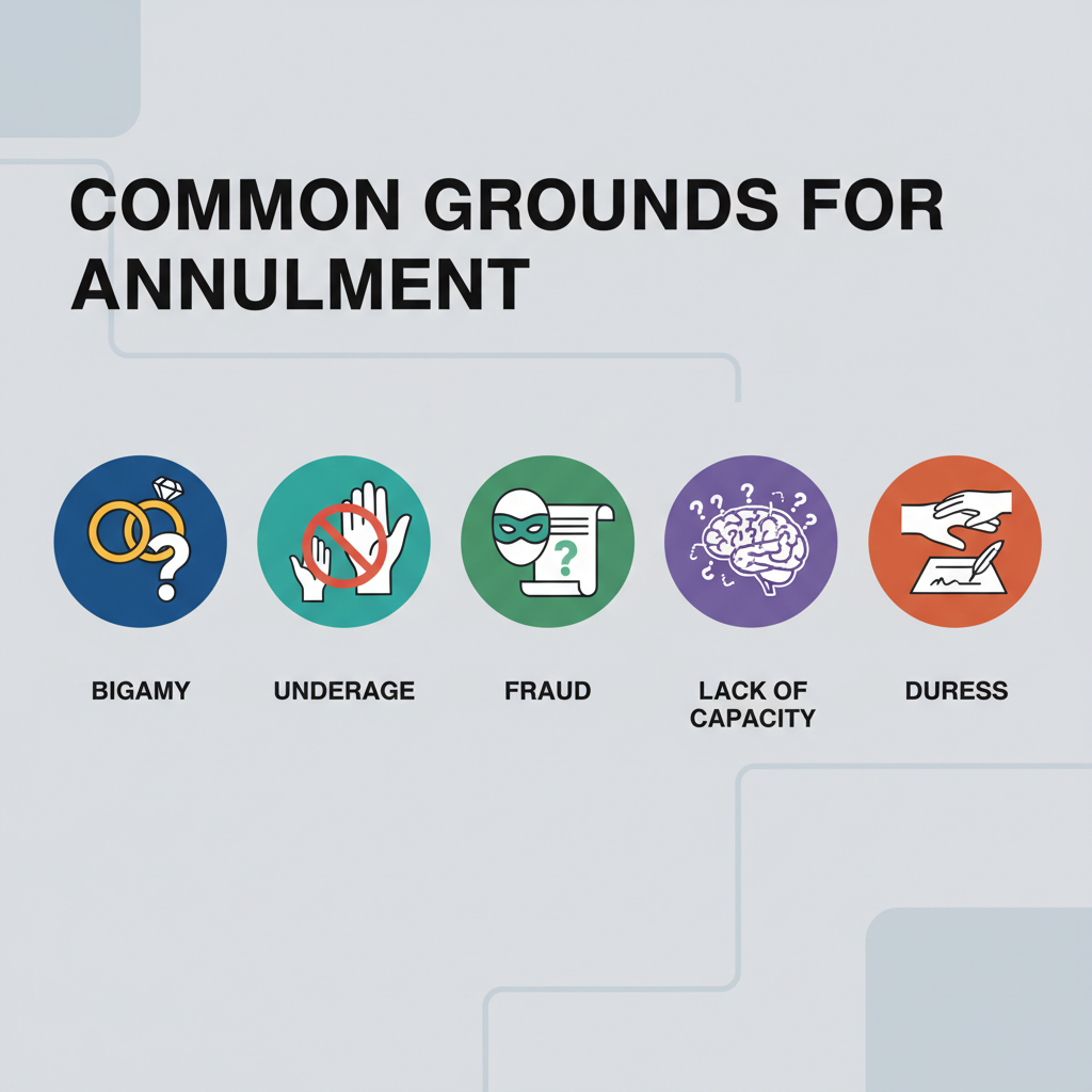 Illustrations representing common grounds for annulment: bigamy, underage marriage, fraud, lack of mental capacity, and duress.