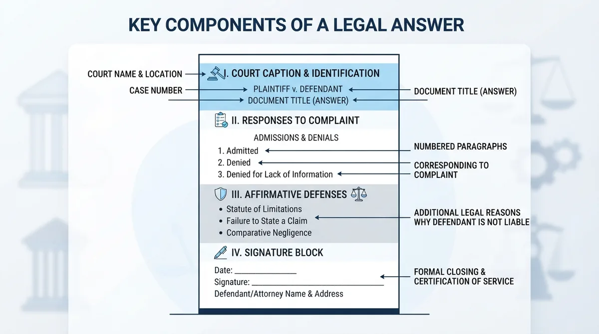 Infographic of a legal answer document layout highlighting key components.