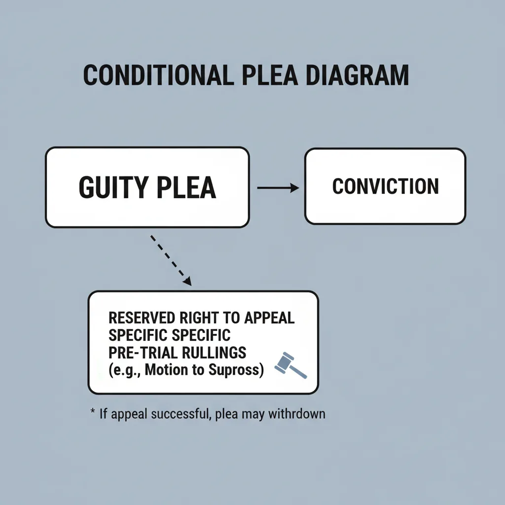 Diagram showing a conditional guilty plea, linking a guilty plea to a conviction, with a reserved right to appeal specific pre-trial rulings.