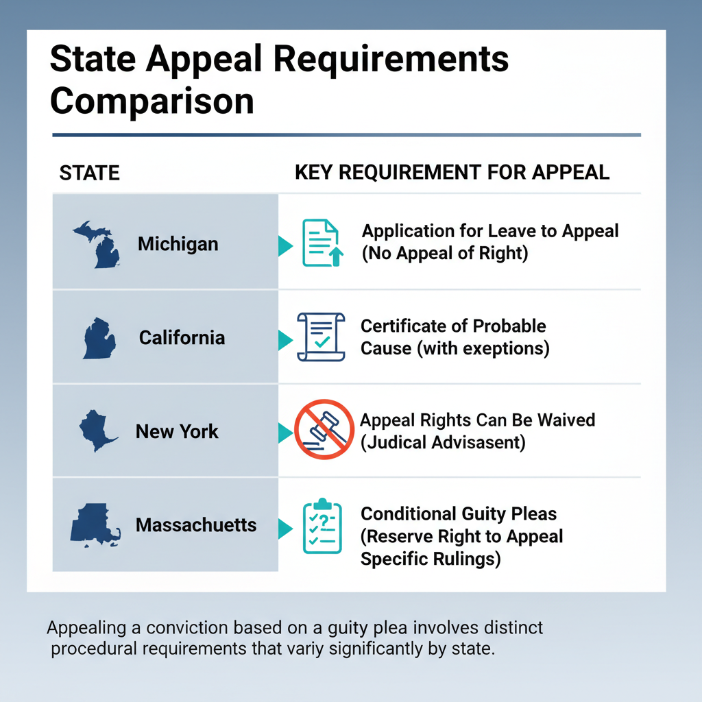 Comparison table illustrating varied state requirements for appealing plea-based convictions, including Michigan's leave to appeal and California's certificate of probable cause.