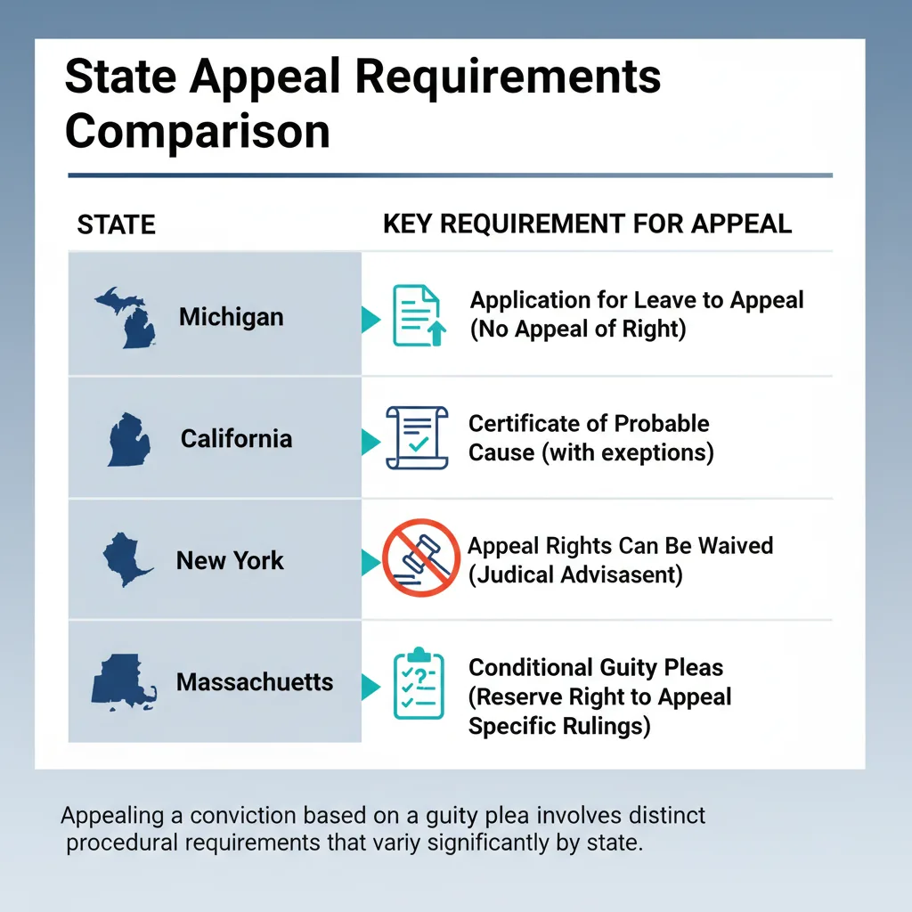 Comparison table illustrating varied state requirements for appealing plea-based convictions, including Michigan's leave to appeal and California's certificate of probable cause.