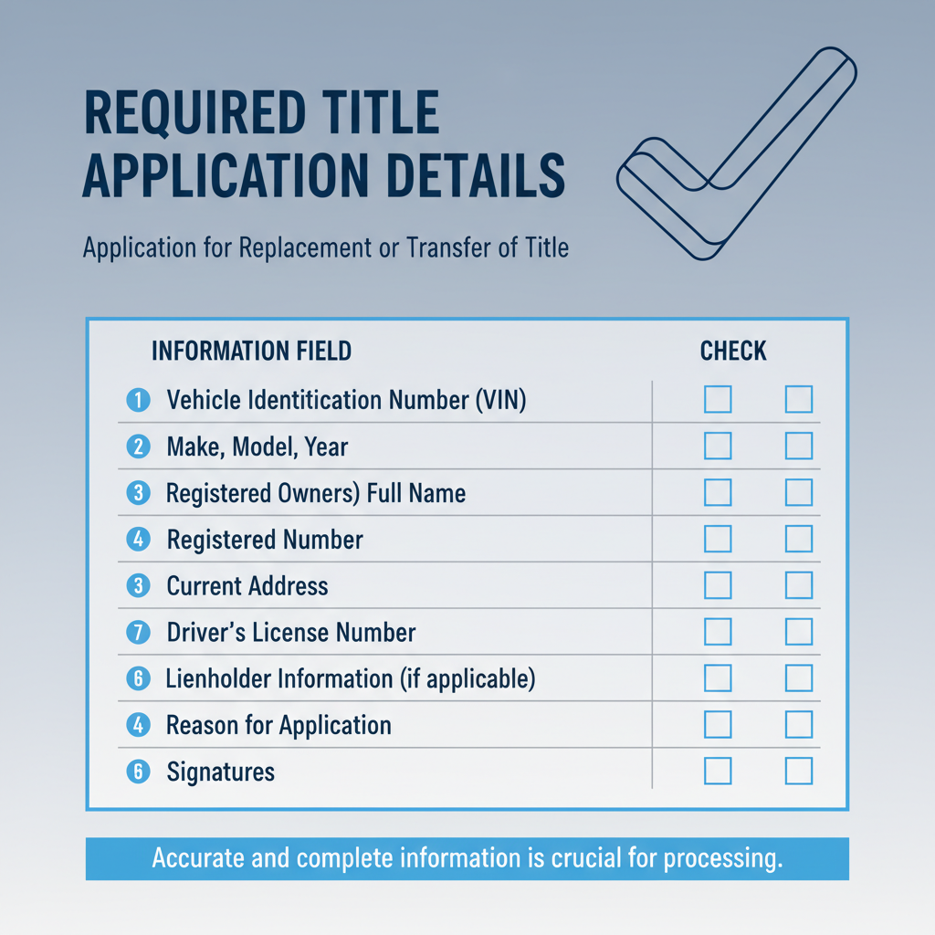 Checklist graphic listing key information required on a title application: VIN, make, model, year, license plate, owner name, address, driver's license, lienholder, reason, and sig