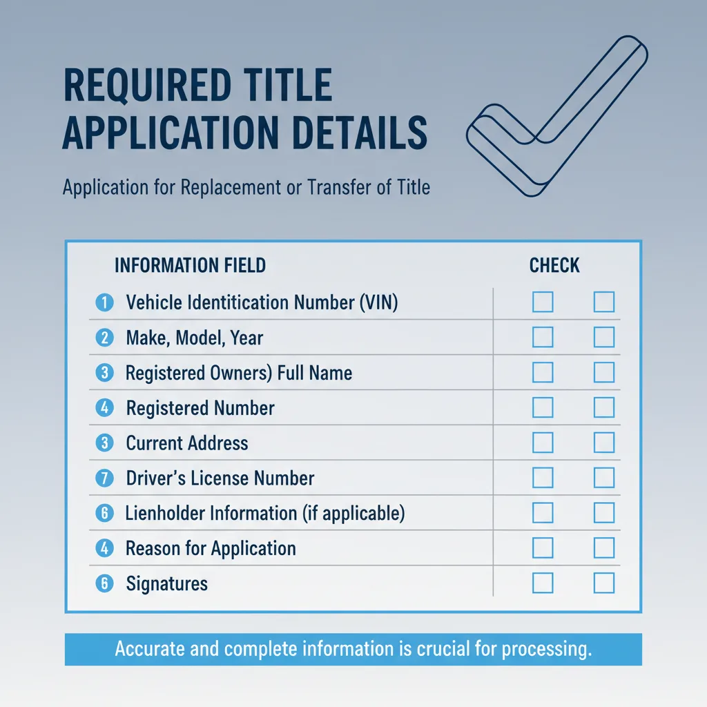 Checklist graphic listing key information required on a title application: VIN, make, model, year, license plate, owner name, address, driver's license, lienholder, reason, and sig
