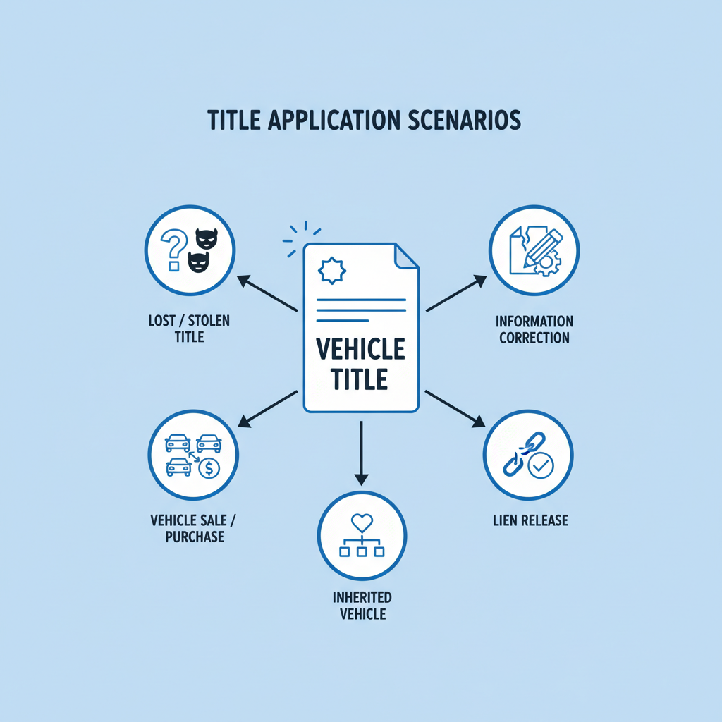Diagram showing reasons for applying for a replacement or transfer of title, including lost, stolen, damaged, sale, inheritance, lien release, and corrections.