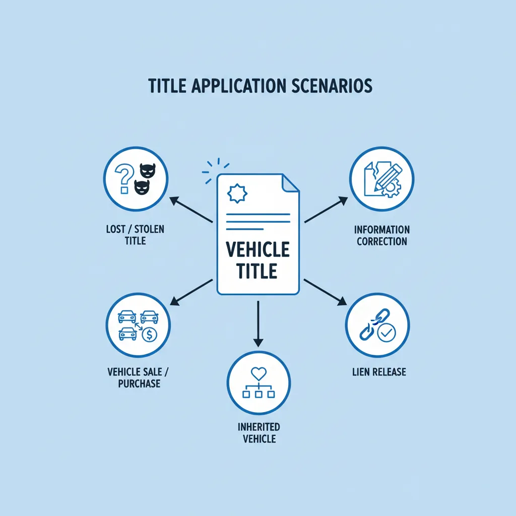 Diagram showing reasons for applying for a replacement or transfer of title, including lost, stolen, damaged, sale, inheritance, lien release, and corrections.