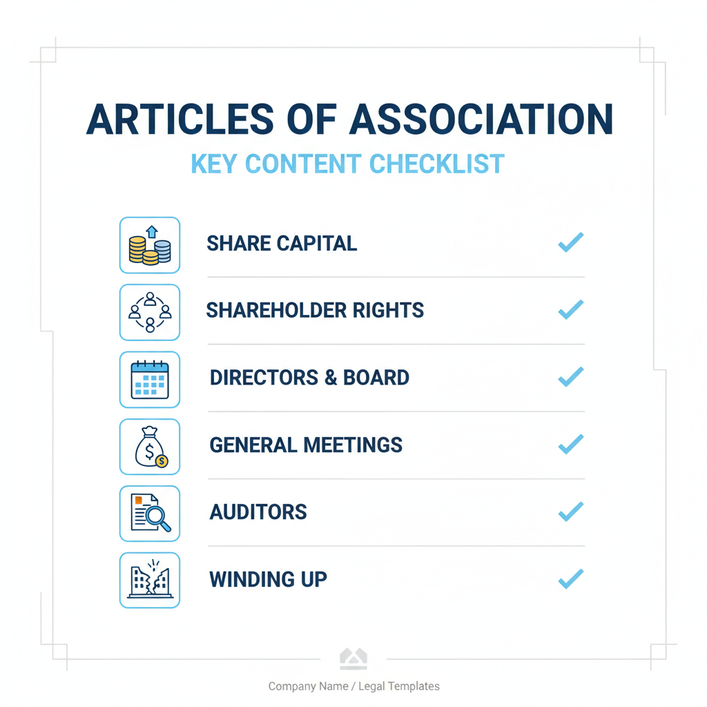 Checklist graphic listing key contents of Articles of Association: Share Capital, Shareholder Rights, Directors & Board, General Meetings, Dividends, Auditors, Winding Up, Company
