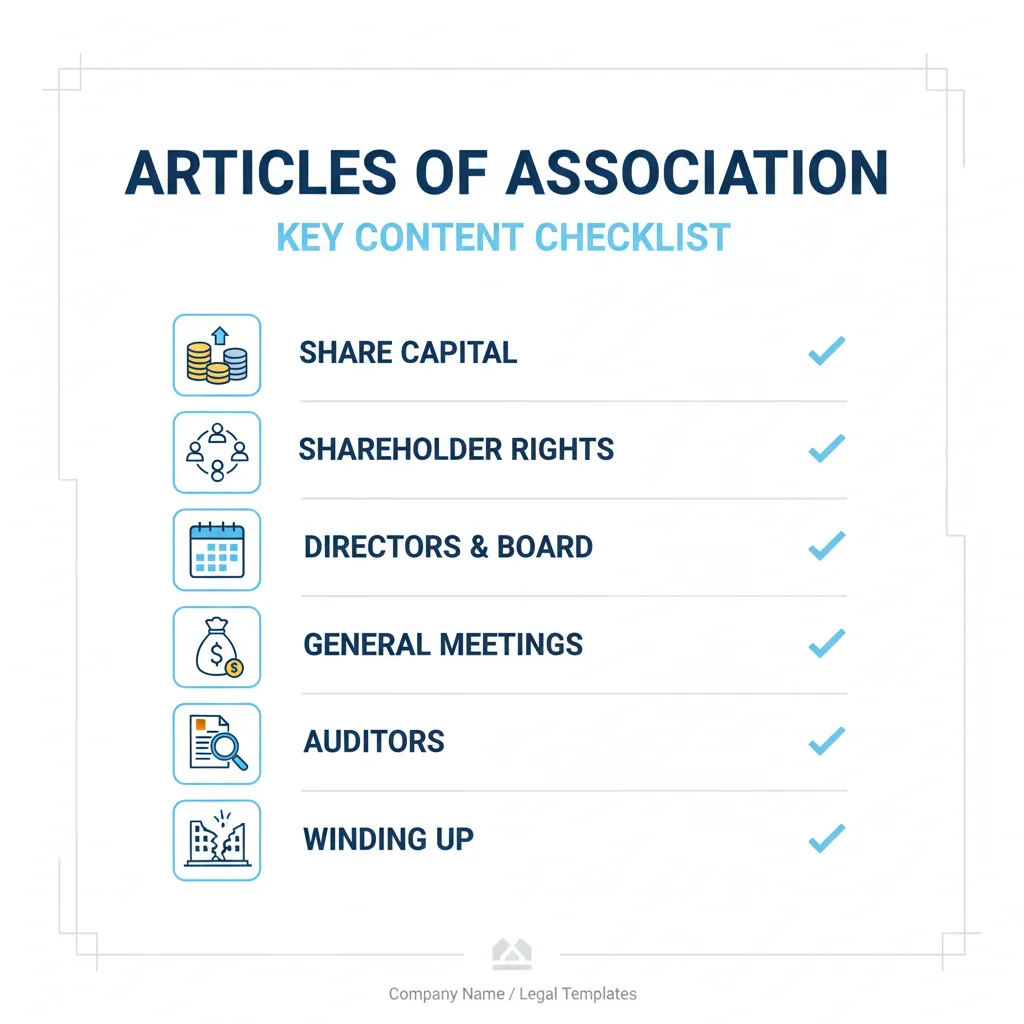 Checklist graphic listing key contents of Articles of Association: Share Capital, Shareholder Rights, Directors & Board, General Meetings, Dividends, Auditors, Winding Up, Company