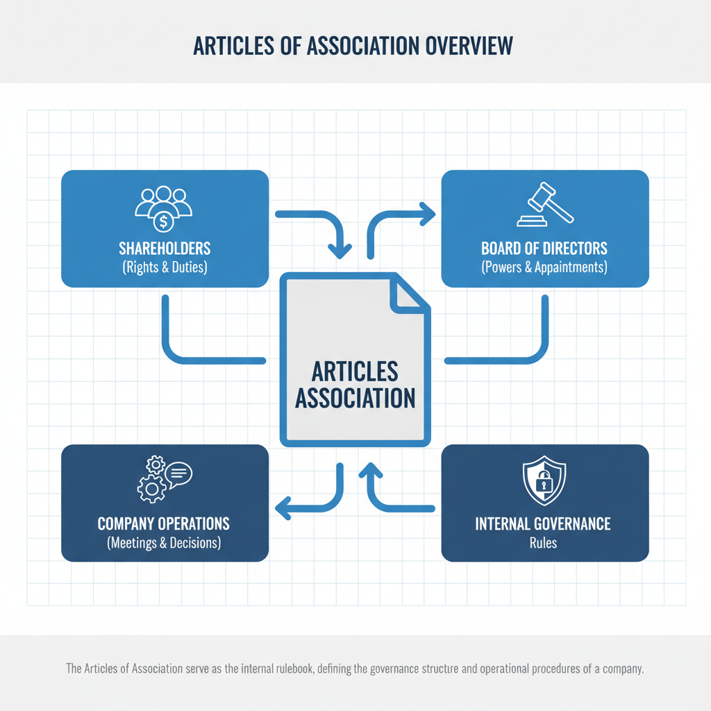 Diagram showing Articles of Association at the center, connected to shareholders, board of directors, company operations, and internal governance.
