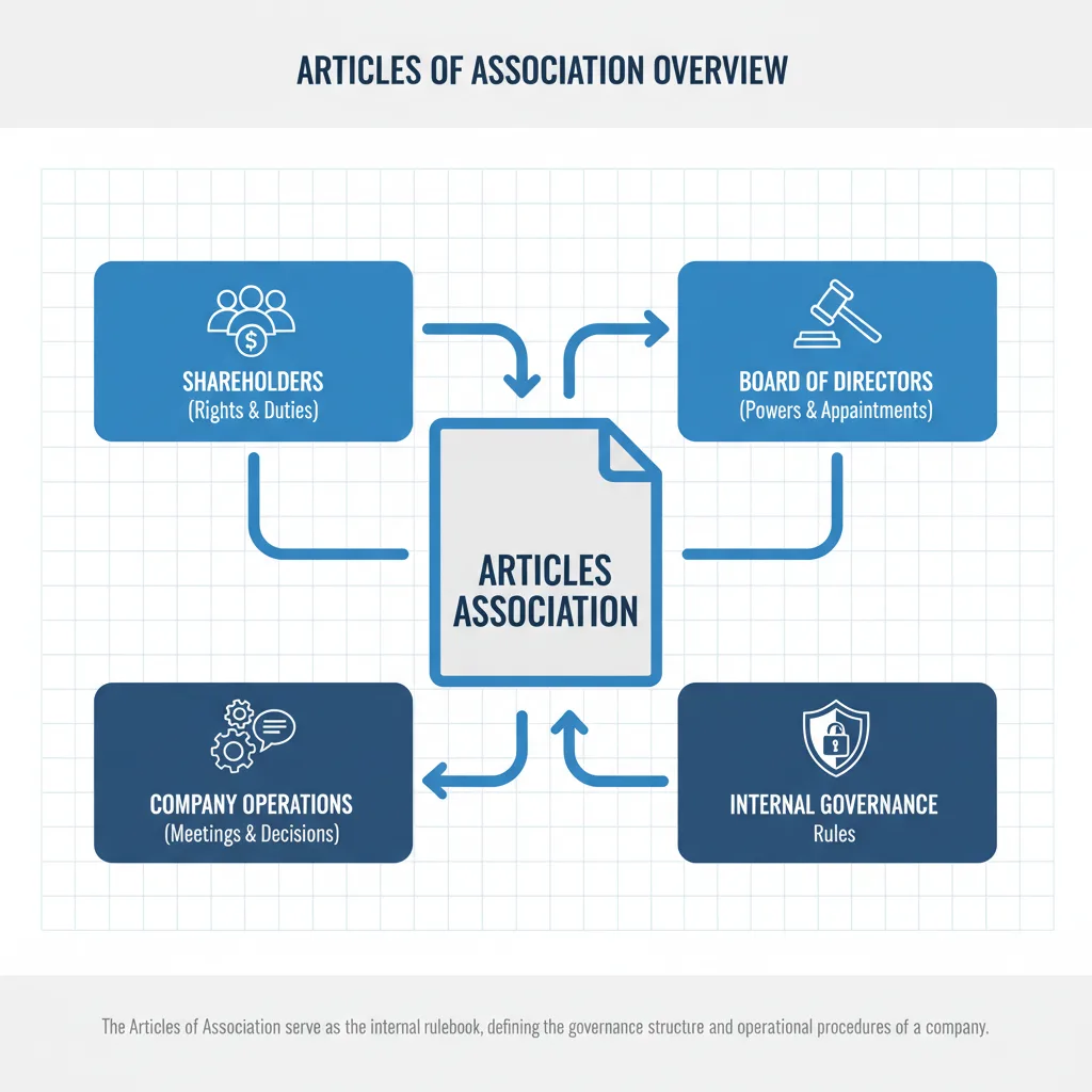 Diagram showing Articles of Association at the center, connected to shareholders, board of directors, company operations, and internal governance.