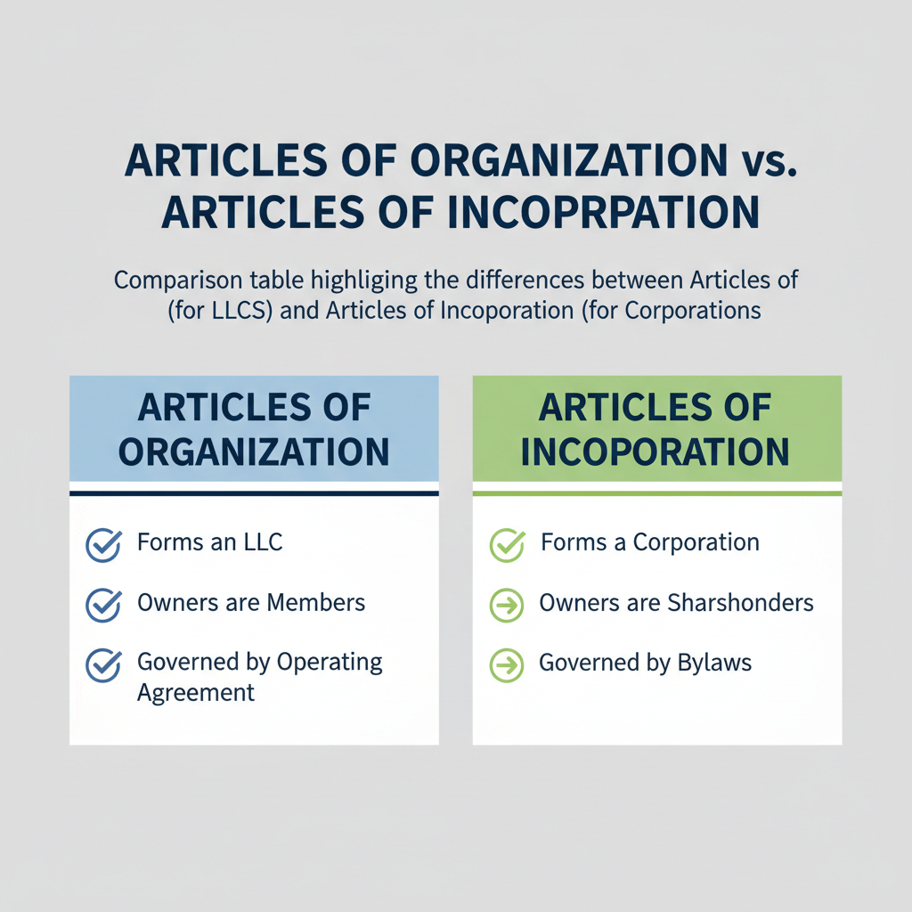Comparison table highlighting the differences between Articles of Organization (for LLCs) and Articles of Incorporation (for Corporations).